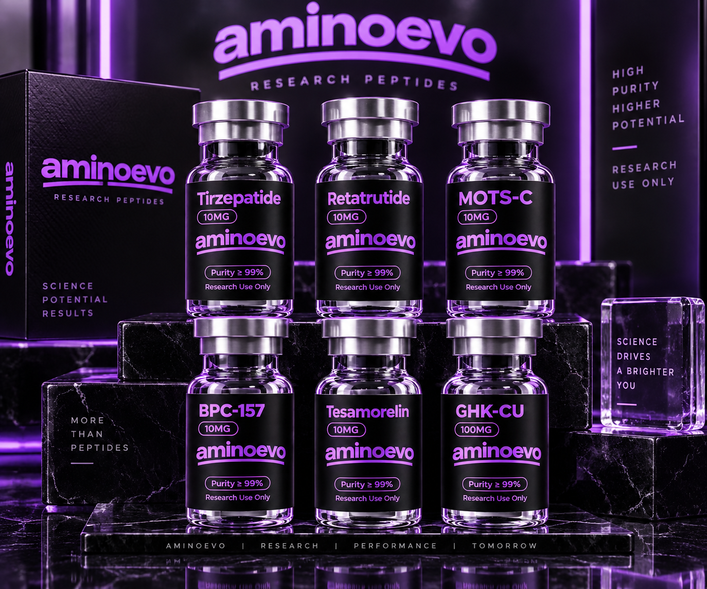 Six AminoEvo research peptide vials